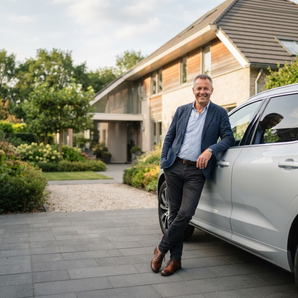 Tevreden klant bij zijn auto klaar voor verkoop